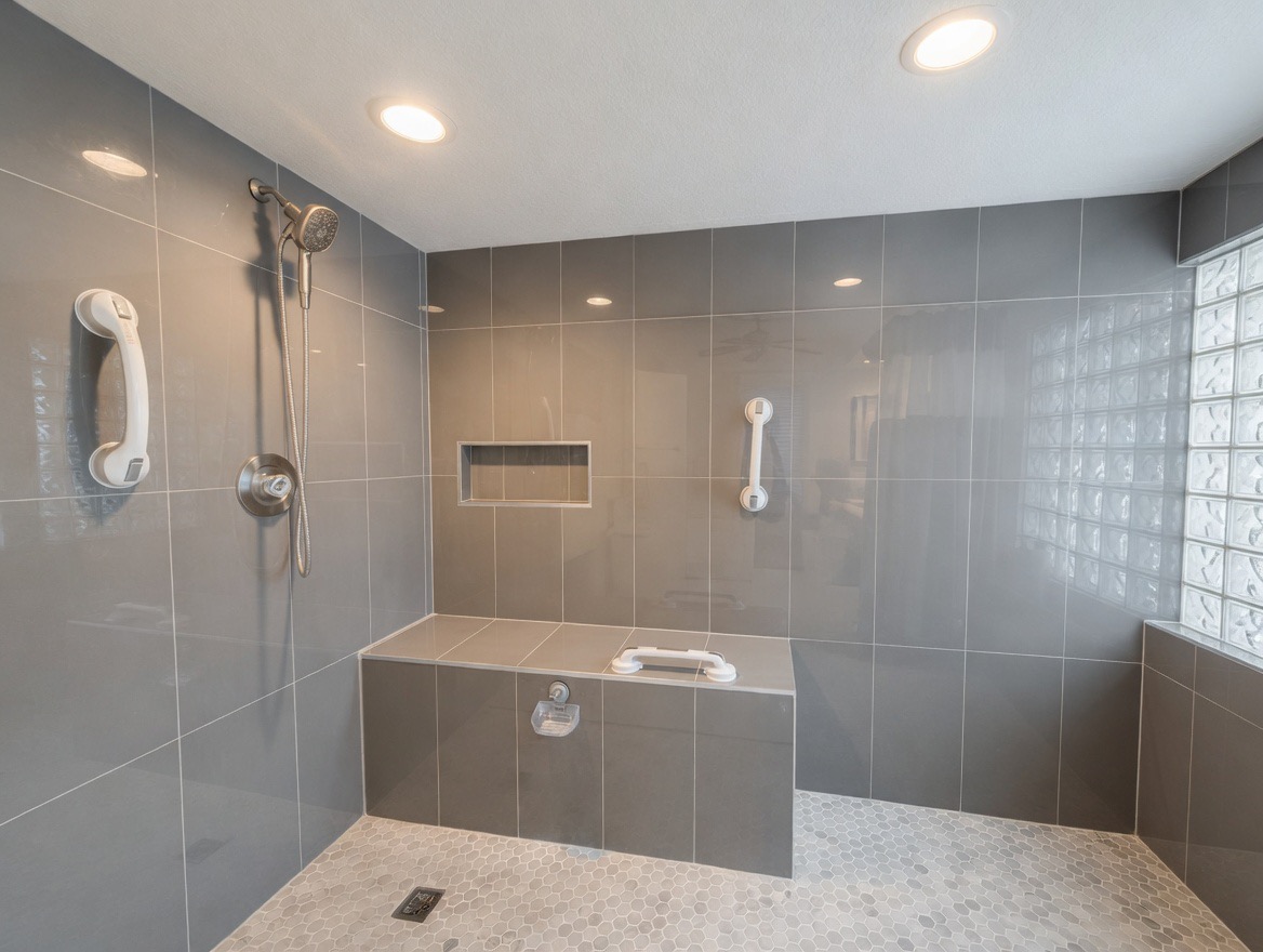 Walk-in shower with grab bars